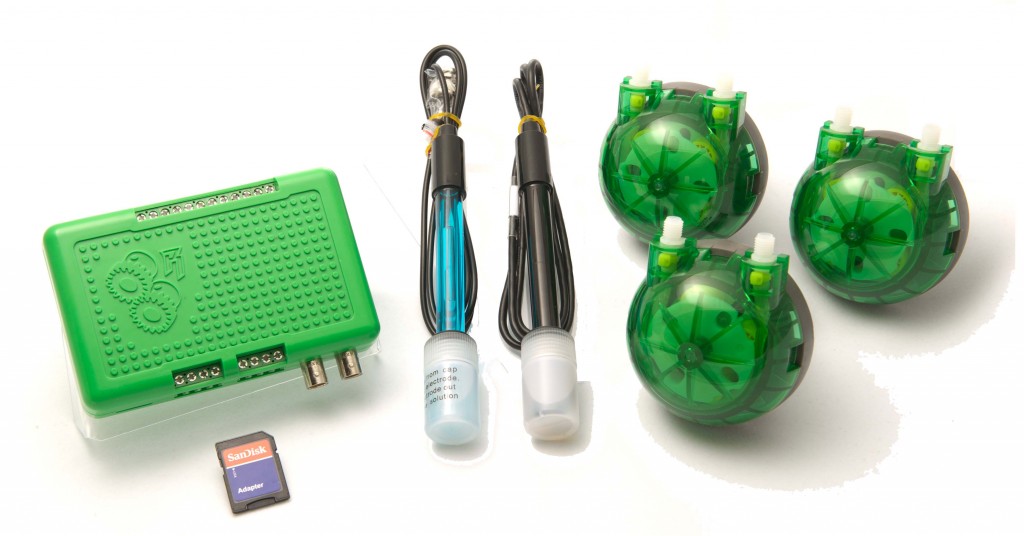 Original Etherdose Duo kit: green controller, EC and pH probes, microSD card and three green dosing pumps